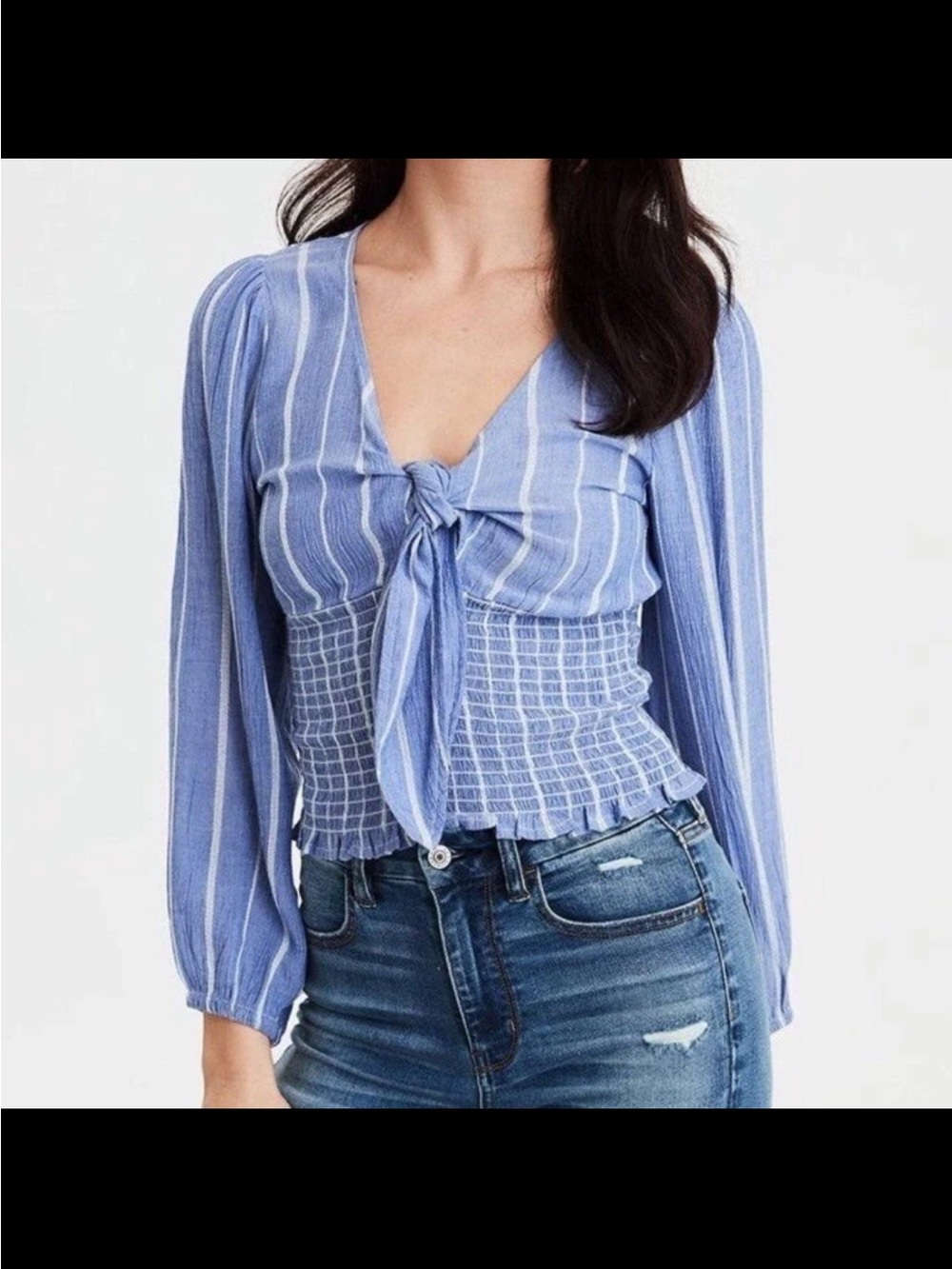 American Eagle Outfitters Blue and White Striped Tie-Front Blouse